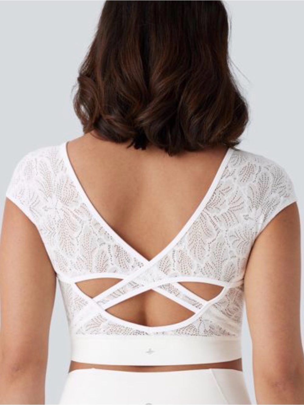 Halara SoftlyZero Contrast Lace Crossover Hem Cropped Yoga Sports Top NEW S